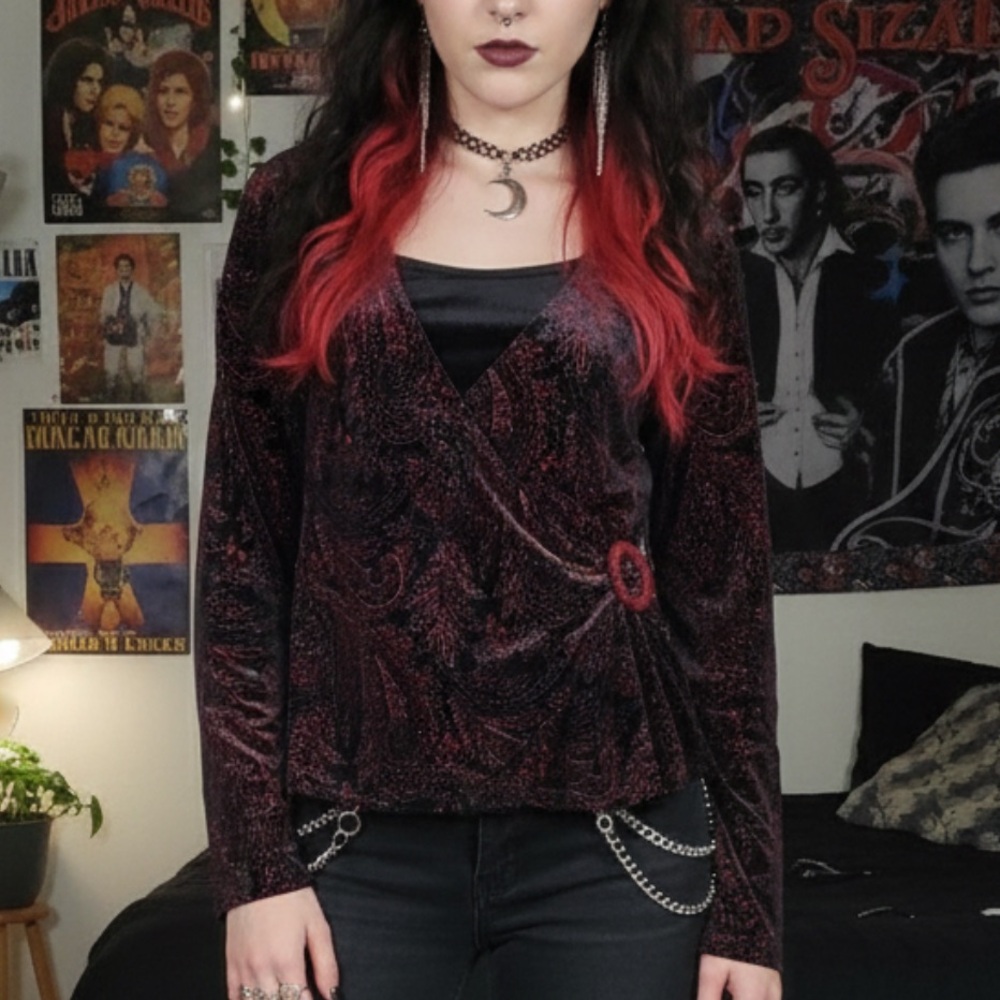 Notations Top Red Black Velvet Print Sparkle Embellished XL Whimsigoth Y2K